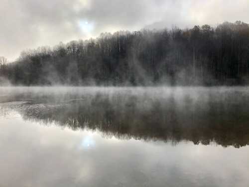 A serene lake shrouded in mist, reflecting trees and a cloudy sky in the early morning light.