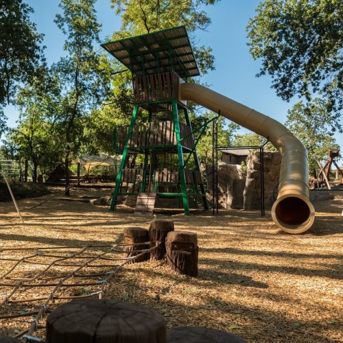 A playground featuring a tall green structure with a slide, surrounded by trees and wooden logs on the ground.