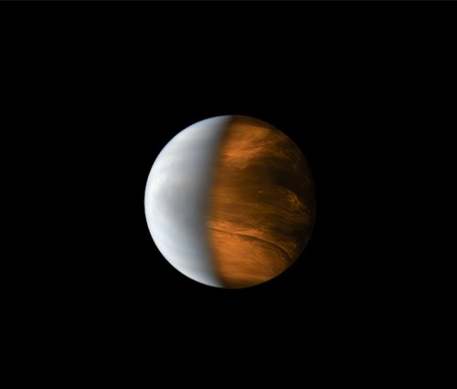 A view of Venus showing its cloud-covered surface and atmospheric patterns, illuminated against a black background.