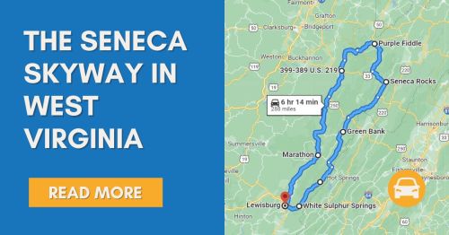 Map of the Seneca Skyway in West Virginia, highlighting a scenic route with key locations and travel time.