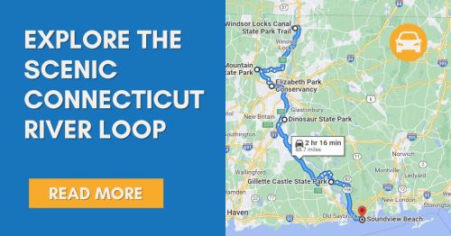 Map highlighting the scenic Connecticut River Loop route with key stops and a beach destination.