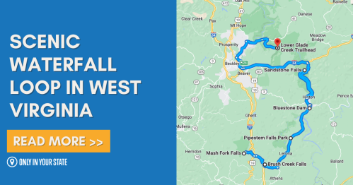 Map highlighting the Scenic Waterfall Loop in West Virginia, featuring various waterfalls and trailheads.