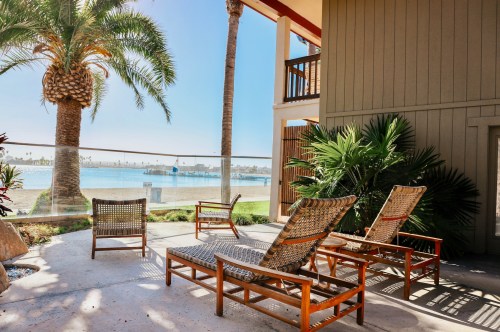 A sunny patio with wooden lounge chairs, palm trees, and a view of the water and pier in the background.