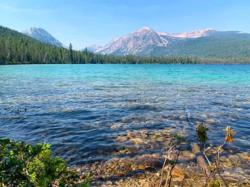 A serene lake with clear turquoise water, surrounded by mountains and lush green trees under a blue sky.