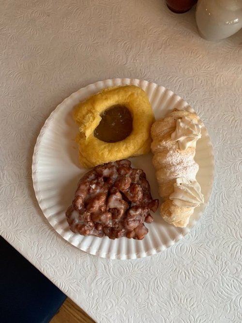 A paper plate with three pastries: a filled doughnut, a cream-filled pastry, and a sweet roll with icing.