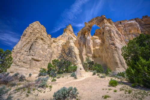 A scenic view of towering sandstone formations with an arch, surrounded by greenery under a bright blue sky.