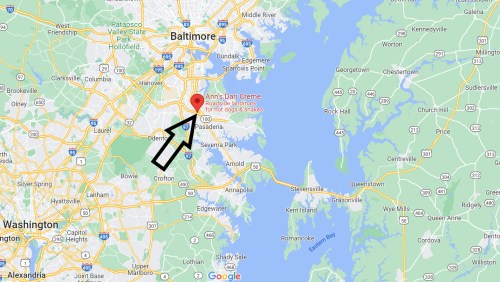 Map showing Baltimore, Maryland, with a marker for Ann's Dari-Creme, near Pasadena and the Patapsco River.