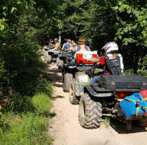 A group of people riding ATVs on a narrow trail surrounded by trees and greenery.