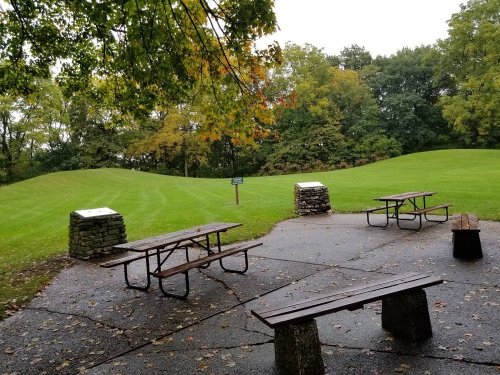 A picnic area with wooden tables and stone supports, surrounded by green grass and trees on a cloudy day.