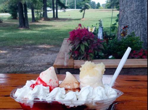 A colorful sundae with whipped cream, cherries, and pineapple, set on a wooden table in a park-like setting.