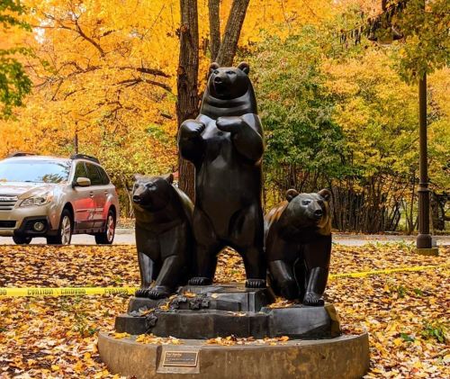 A bronze statue of three bears stands amidst colorful autumn foliage and fallen leaves.