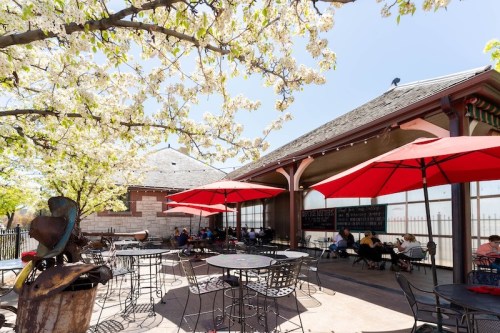Outdoor café scene with red umbrellas, blooming trees, and patrons enjoying the sunny day.