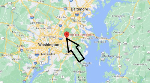 Map showing the location of "The Big Purple Barn" near Annapolis, Maryland, with an arrow pointing to it.