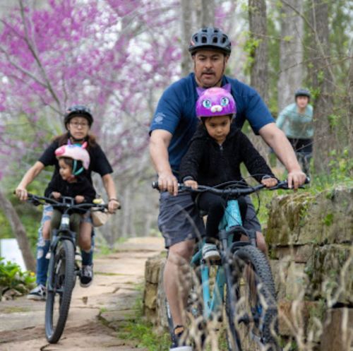A man and three children ride bikes on a scenic trail surrounded by blooming trees.