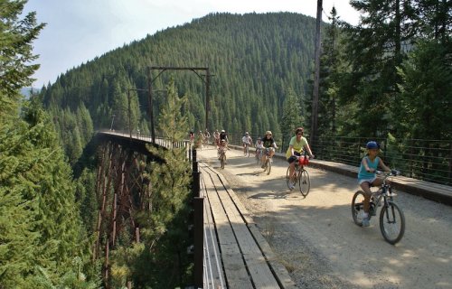 A group of cyclists riding along a scenic trail on a bridge surrounded by lush green trees and mountains.
