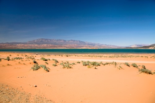 A serene desert landscape with sandy dunes, sparse vegetation, and a calm blue lake under a clear blue sky.