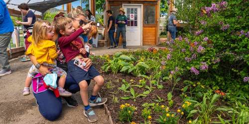 A woman sits with two children in a garden, pointing at flowers while others explore in the background.