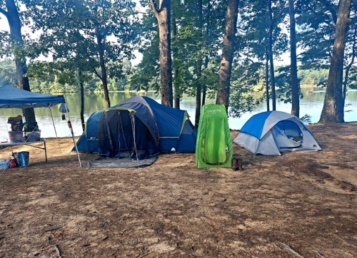 A campsite by a lake featuring several tents surrounded by trees and a clear blue sky.