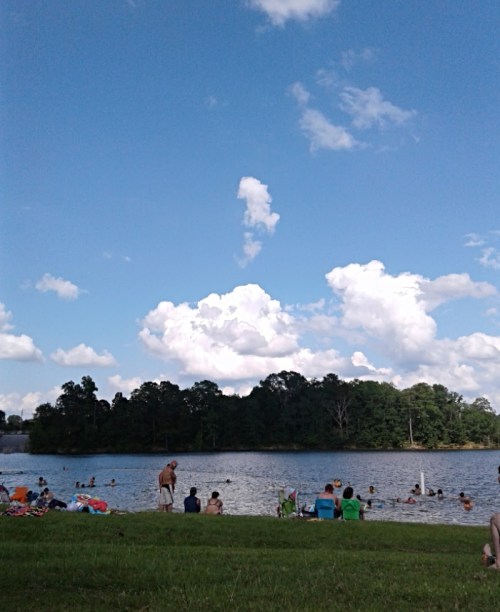 A sunny lakeside scene with people swimming and relaxing on the shore, surrounded by green trees and fluffy clouds.