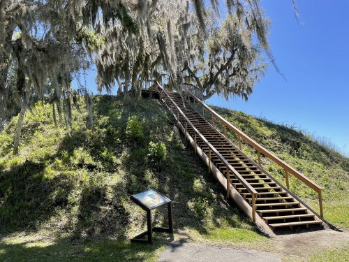 A wooden staircase leads up a grassy hill, shaded by trees draped in Spanish moss, with an informational sign nearby.