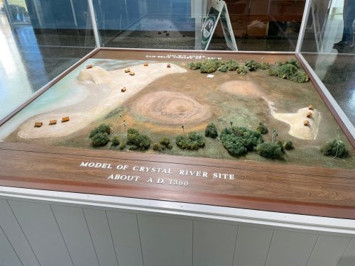 Model of the Crystal River site, depicting the landscape and structures around A.D. 1300.