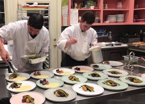 Two chefs plating dishes in a kitchen, arranging vegetables and sauces on pastel-colored plates.