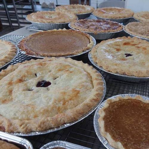 A variety of freshly baked pies cooling on wire racks, featuring different flavors and crust designs.
