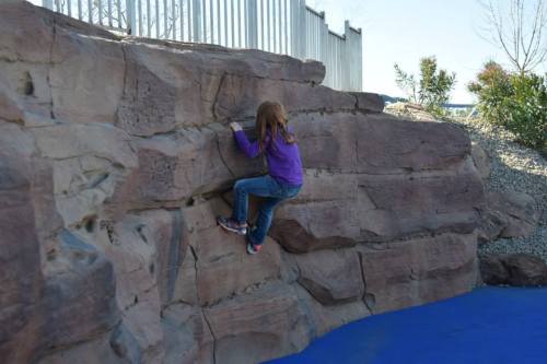 A child in a purple jacket climbs a rock wall at a playground, surrounded by blue flooring and greenery.