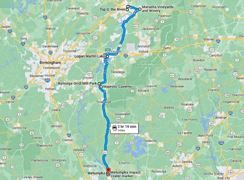 Map showing a route from Wetumpka to Marella Vineyards and Winery, highlighting key locations and travel time.
