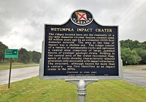 Sign about the Wetumpka Impact Crater, detailing its geological significance and history. Alabama, 2020.
