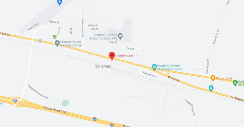 Map showing the location of Copper Cart in Seligman, Arizona, near Route 66 and local landmarks.