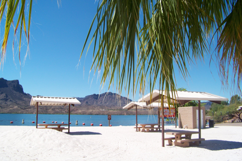 A sandy beach with picnic shelters, palm trees, and a clear blue lake surrounded by mountains under a bright sky.
