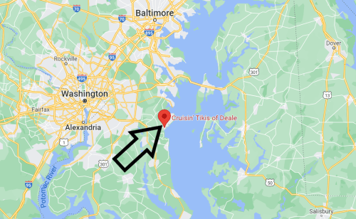 Map showing the location of Cruisin' Tikis of Deale, near Washington, D.C., with an arrow pointing to the site.