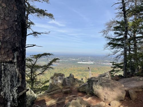 Scenic view from a rocky overlook, featuring trees and a distant landscape under a clear blue sky.