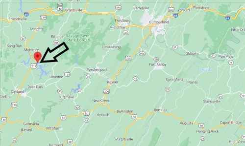 Map showing McHenry, Maryland, with surrounding areas and highways highlighted.