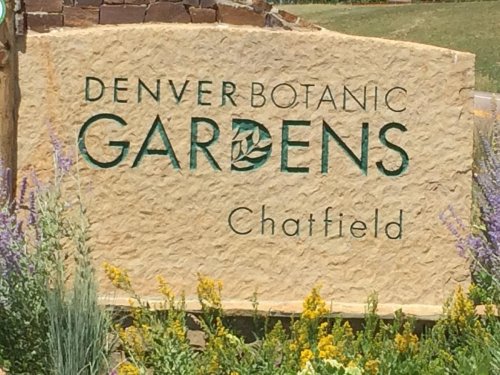 Sign for Denver Botanic Gardens Chatfield, featuring green lettering on a textured stone background with flowers nearby.