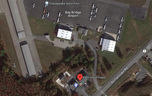 Aerial view of Bay Bridge Airport with nearby buildings and Kent Island Depot marked on Romanocke Rd.
