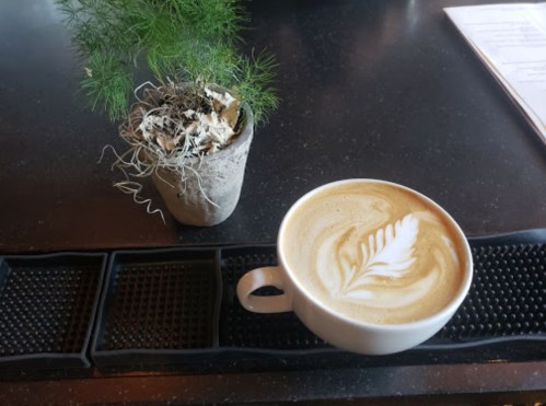 A latte with a leaf design sits next to a small potted plant on a dark table.