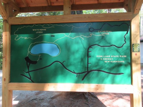 Map of Echo Lake State Park in Conway, New Hampshire, showing trails and landmarks like White Horse and Cathedral Ledges.