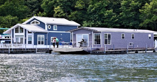 Two houses on stilts by a lake, with a dock and a person fishing nearby, surrounded by lush green trees.