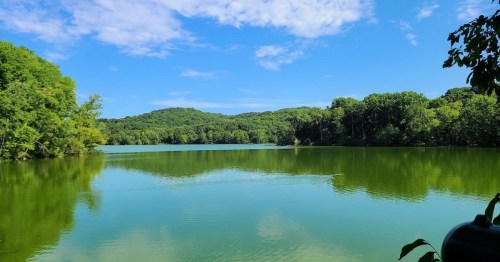 A serene lake surrounded by lush green trees under a clear blue sky. Reflections shimmer on the water's surface.