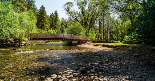 A serene river scene with a wooden bridge surrounded by lush greenery and trees under a clear blue sky.