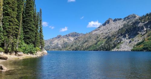 A serene lake surrounded by tall trees and mountains under a clear blue sky.