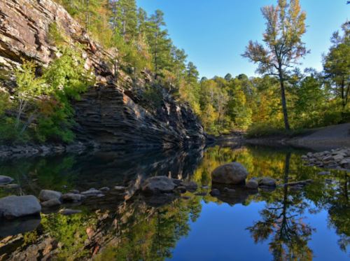 A serene river scene with rocky banks, lush trees, and clear reflections on the water under a blue sky.