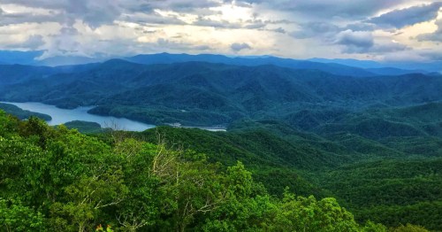 A drone view of Fontana Lake, one of the best lakes in North Carolina.
