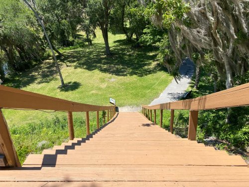 View from the top of a wooden staircase leading down to a grassy area surrounded by trees.