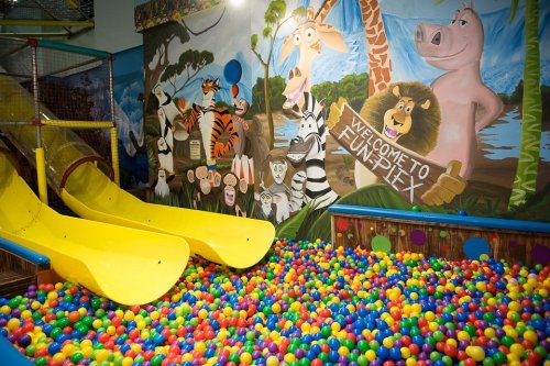 Colorful ball pit with yellow slides and a vibrant animal-themed mural in a playful indoor play area.