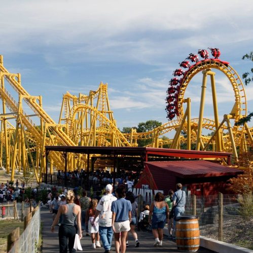 A vibrant amusement park scene featuring a yellow roller coaster and a crowd of people enjoying the attractions.