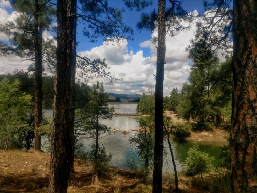 A serene lake surrounded by trees, with kayakers paddling in the water under a partly cloudy sky.