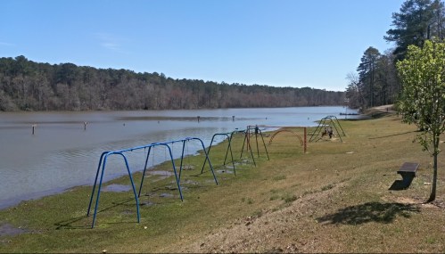 A serene lakeside scene featuring empty swings on a grassy shore, with trees lining the water's edge under a clear blue sky.